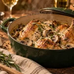 Recette pintade en sauce au vin blanc en cocotte, pintade dorée et sauce crème