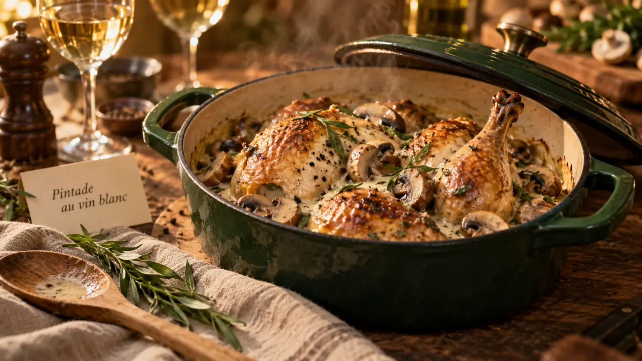 Recette pintade en sauce au vin blanc en cocotte, pintade dorée et sauce crème