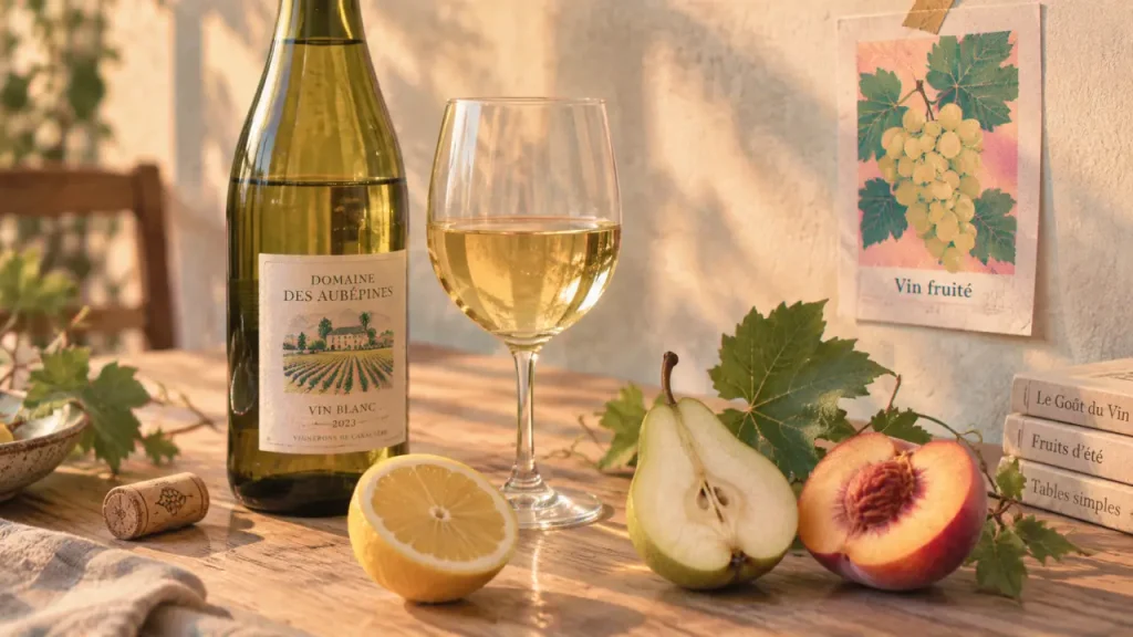 Vin blanc fruité : bouteille, verre et fruits frais sur table en bois
