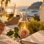 Vin de muscat sec : verre et grains de muscat vert doré