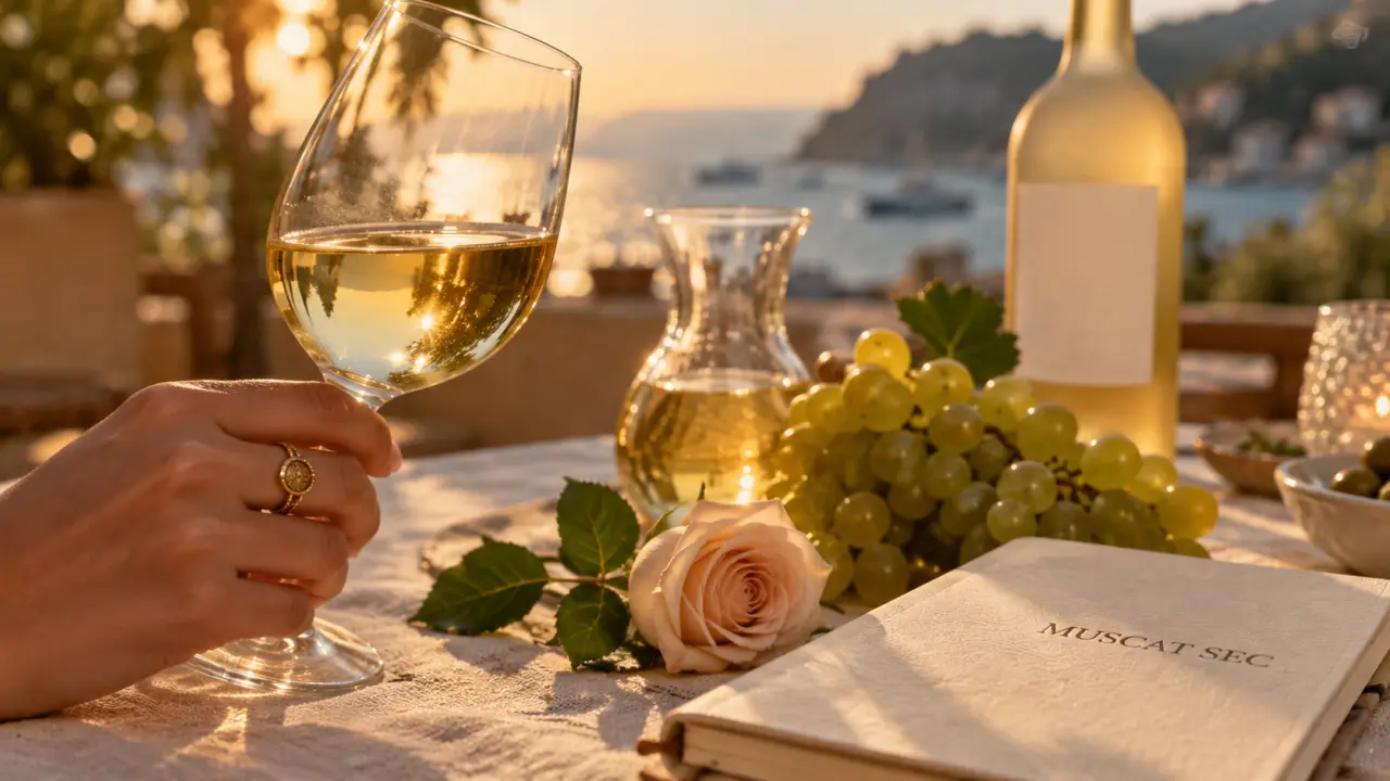 Vin de muscat sec : verre et grains de muscat vert doré