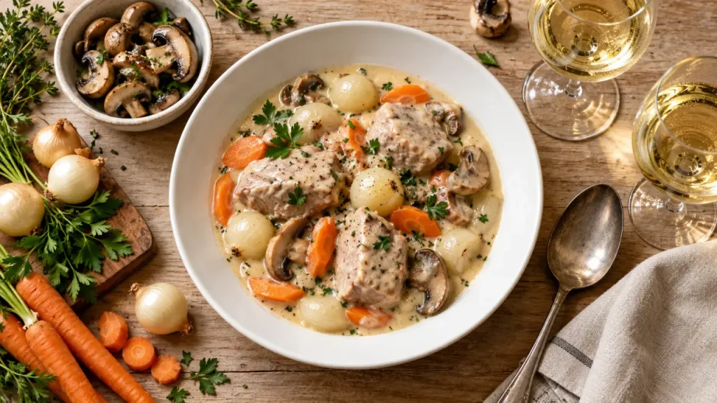 Vin et blanquette : vin blanc avec blanquette de veau crémeuse