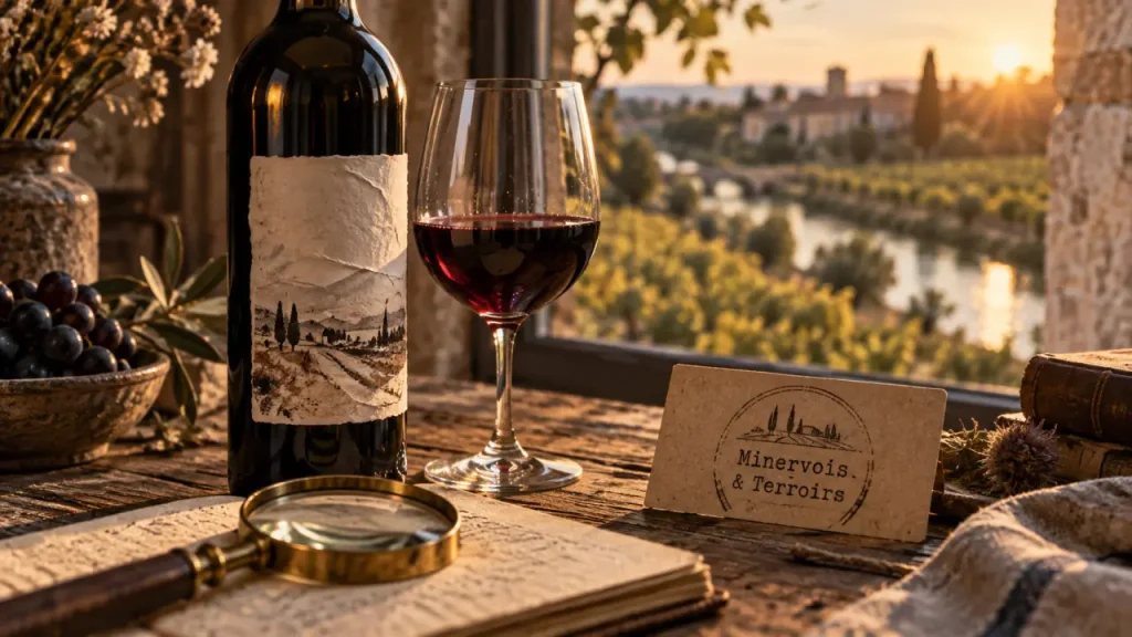 Vin minervois à La Livinière, bouteille rouge et vignoble en arrière-plan