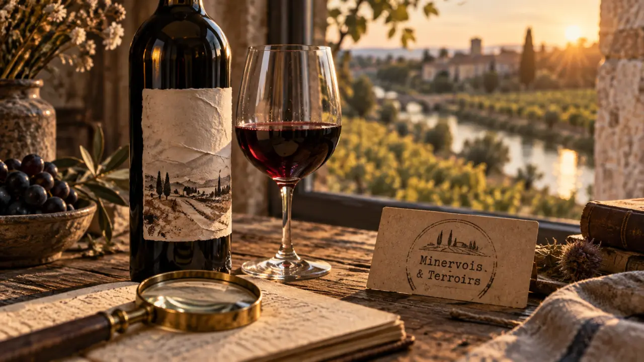 Vin minervois à La Livinière, bouteille rouge et vignoble en arrière-plan