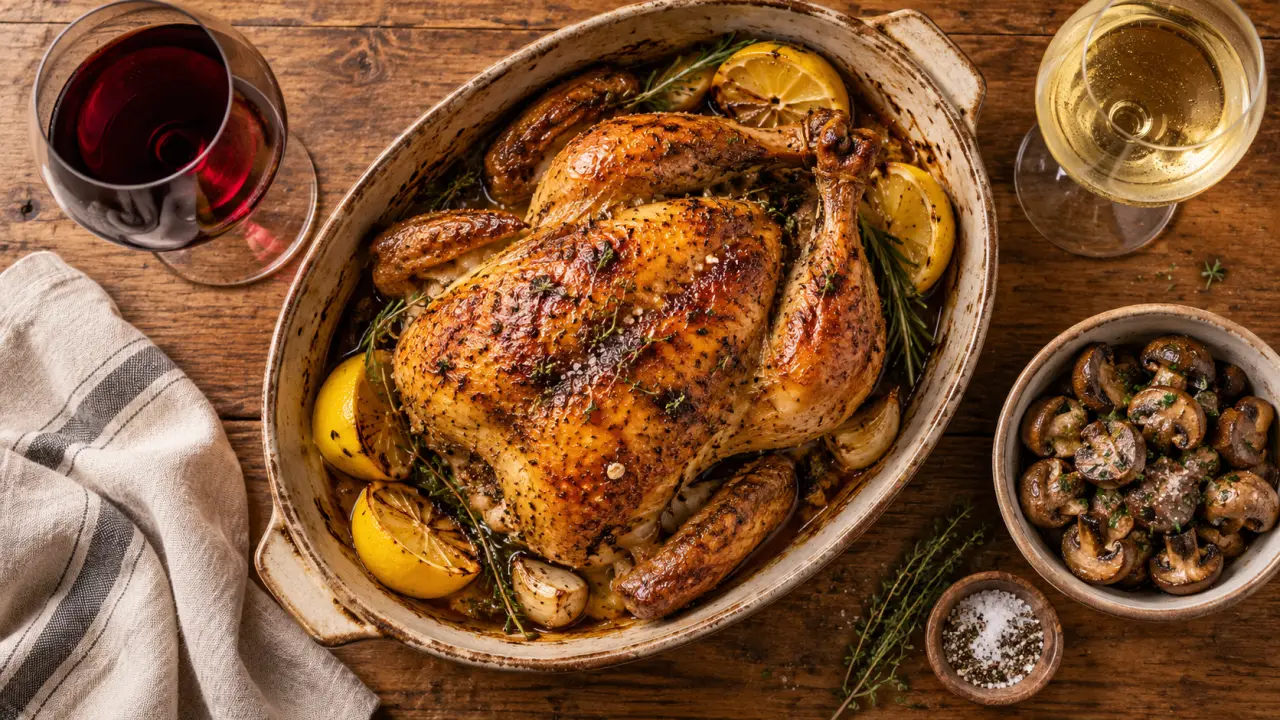 Vin poulet rôti : pinot noir ou chardonnay citronné avec poulet rôti