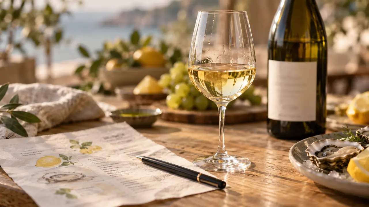 Verre de vin sec blanc pâle, notes citron, table de dégustation.