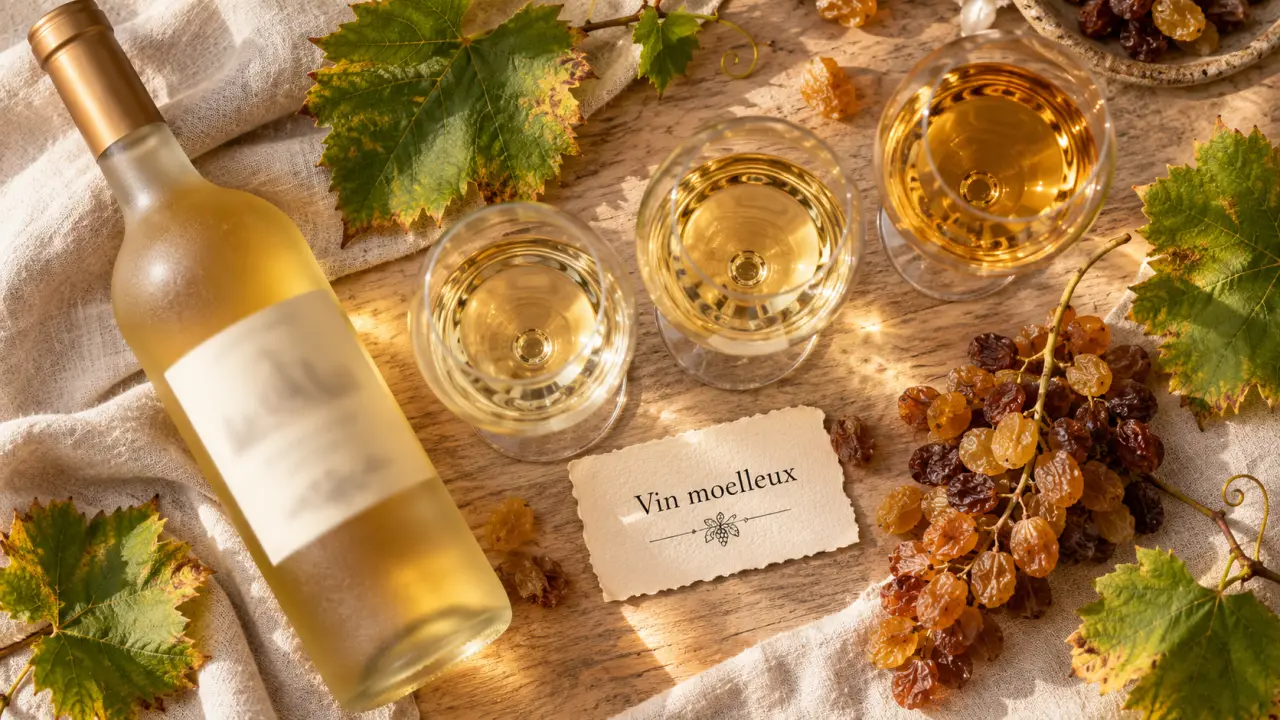 Vin sucré blanc moelleux ou liquoreux, bouteilles et verres dorés sur fond bois